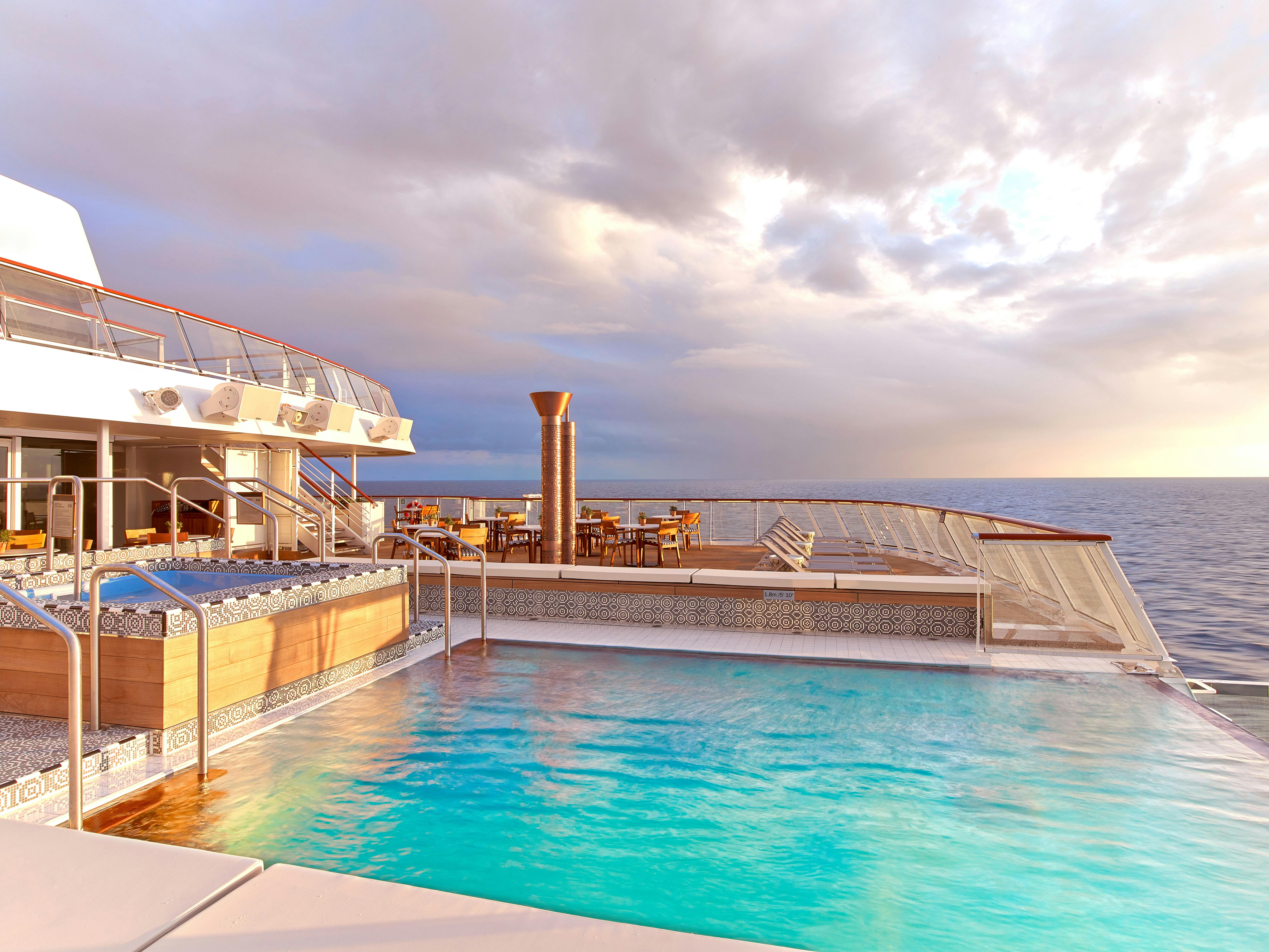 The sleek negative edge pool at the rear of every ocean ship boasts some of the best views on board.
