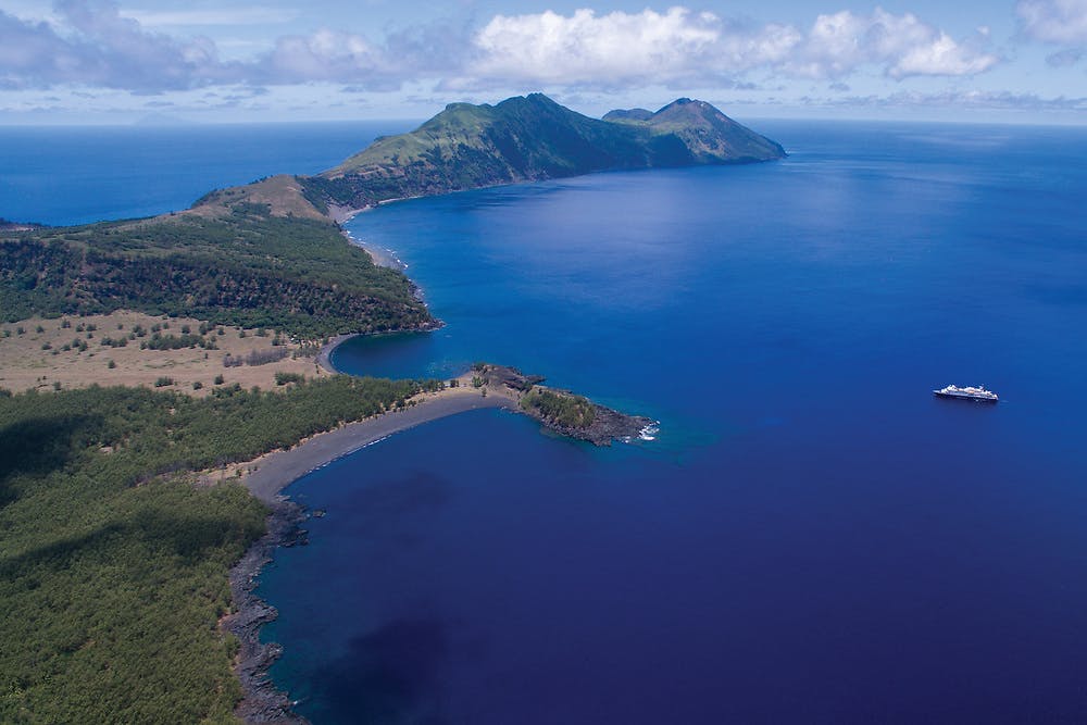 Our ship exploring Japan's "Ring of Fire" islands.