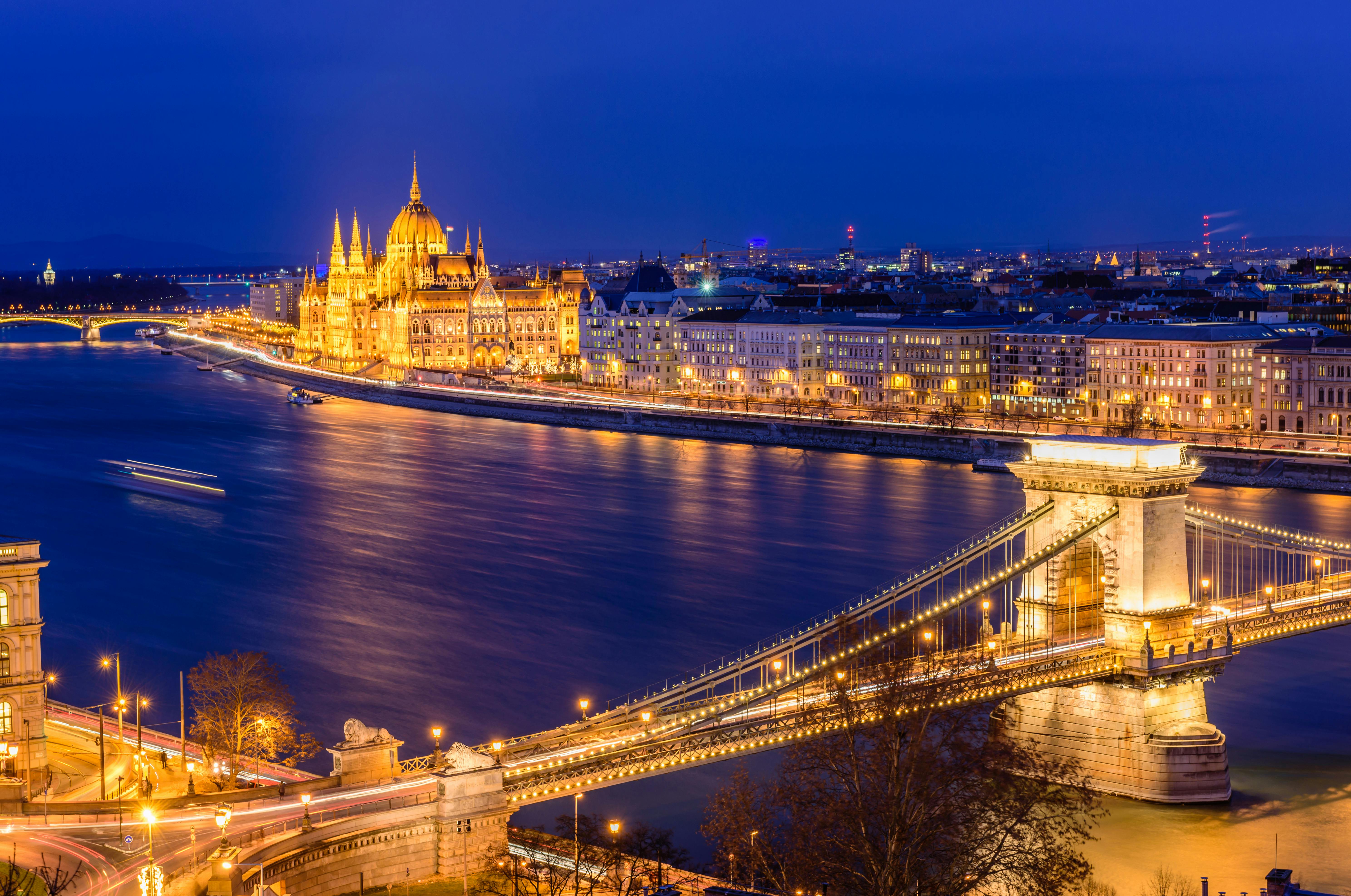 Experience Budapest at night and explore Hungarian landmarks along the Danube river.